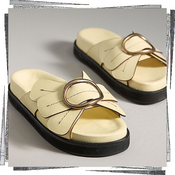 NWT: Sunny Yellow Leather “Daisy” Slide Sandals (6.5) by Farm Rio